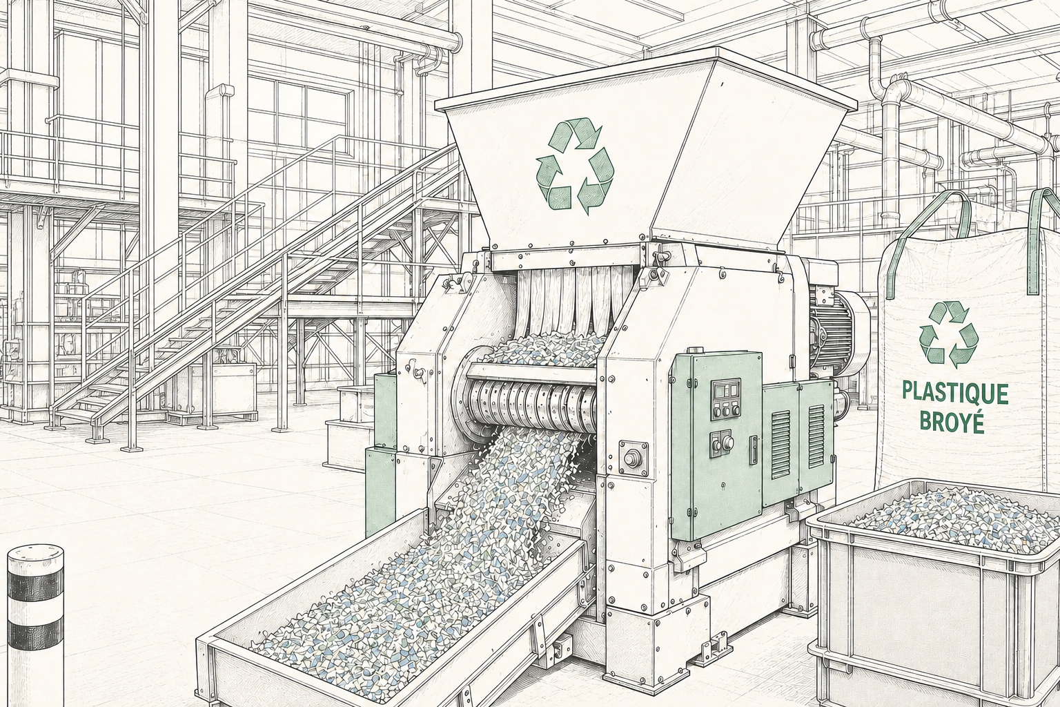 Dessin au trait d’un broyeur de précision des plastiques chez ALTECPLAST